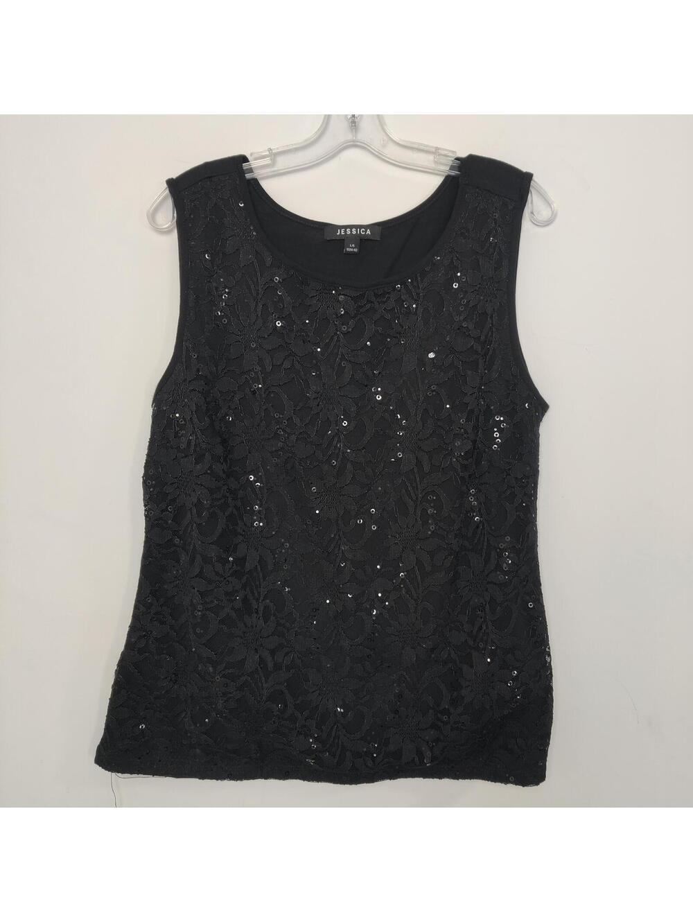 Jessica Black Sequin Lace Sleeveless Top Size Large Goth Business Casual Y2K